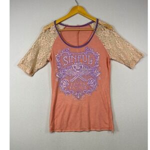 Y2K Grunge Sinful Affliction Women M Coral Purple Lace Sleeve Graphic Tee Top